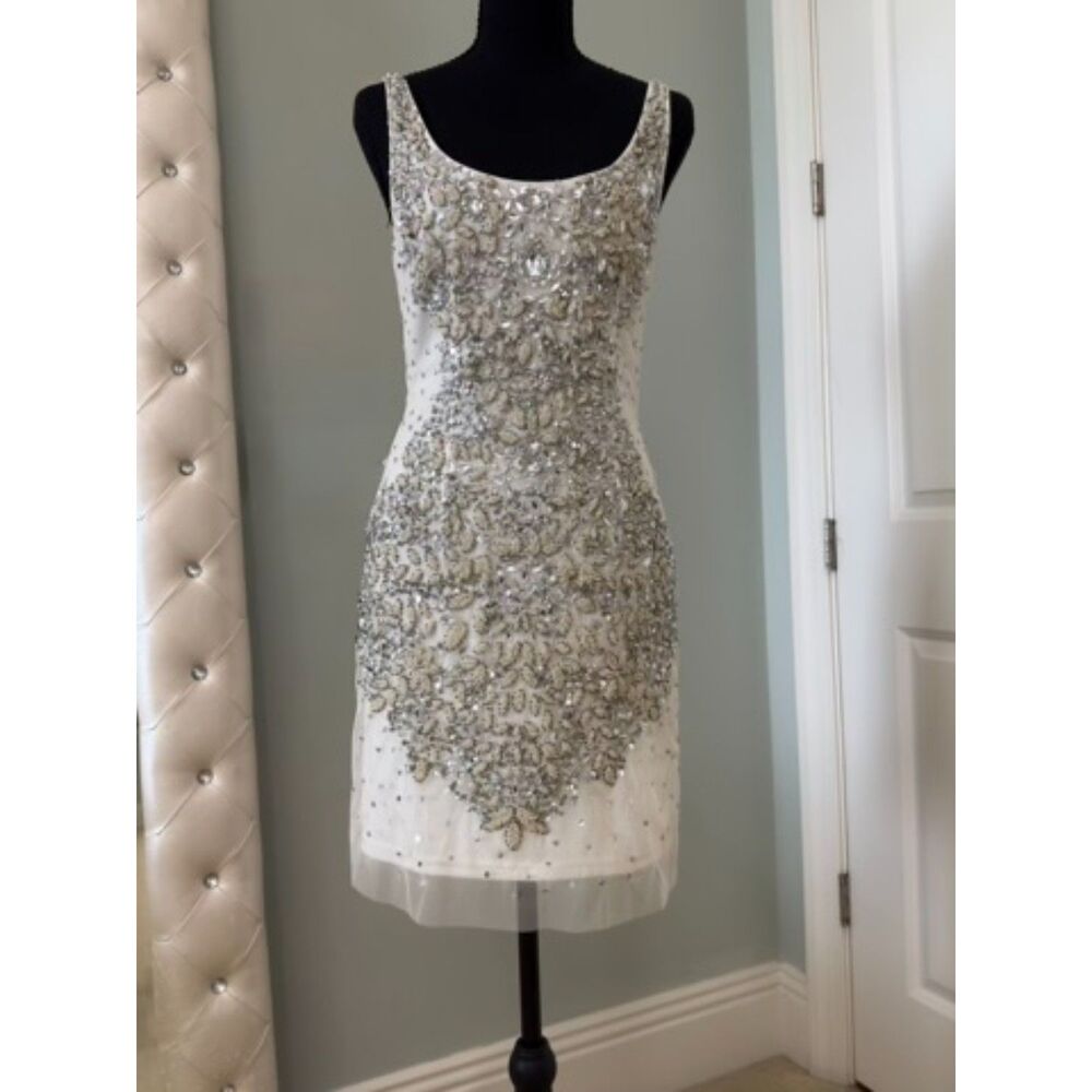 Adrianna Papell White Beaded Sequin Mini Dress